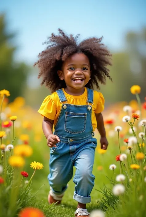  4 year old black girl, curled hair, with yellow blouse and dungarees