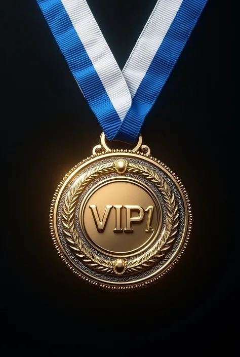 (Photorealism:1.2), beautiful medal with two-color ribbon((blue and white colors))necklace pendant "VIP 1", ((Hyper-Realism)), make this medal as a celebration of "VIP 1" from the company, paying homage, Write the name : ((Raphael Fraga Damaceno, from Roya...