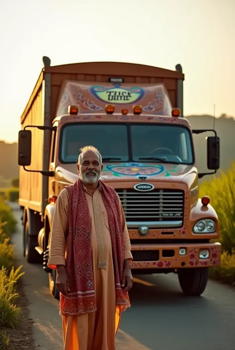 A pakistani desi mid age man Standing with Pakistani Art truck, Truck Driver clearly written on trucks front