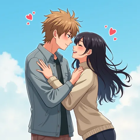 masterpiece, cheered up, kawaii, Beautiful, romantic, Best Quality, 2otros, couple, maduro, adult, Height difference, different fashion, Different color, casual clothes, long sleeves, smile, happy, amar, swirling wind, blue sky, man with long hair, man wit...