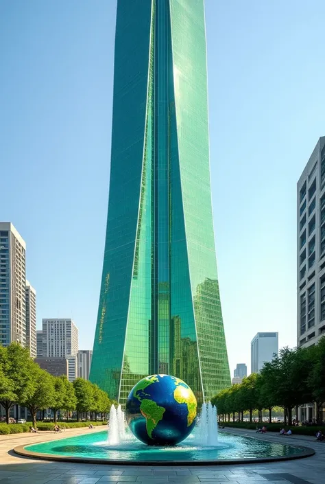 Generate a 105-story building as a summit of lime green and cyan glass with a plaza below and a circular fountain with water and a dark blue and lime green globe