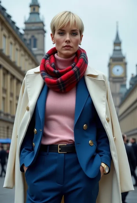 Front view, standing pose, Her name Catherine Bond, Code Name 007, karate and  judo hold Black Obi ,Scott-land-yard, MI-6 member,  (looking at viewer:1.3), Scottish woman, 30 years-old, (blond hair , blue eye, short cut, serious), white pearl earring, Role...