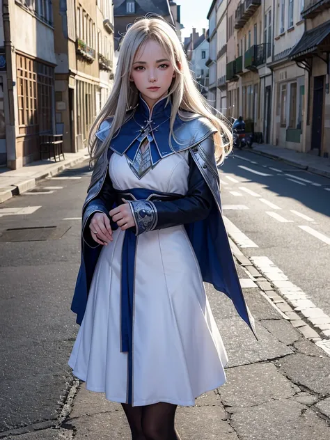 Assassins Creed coréen du Sud marche femme mystère capuchonnée avec un manteau bleu royal moderne avec des manches longues et larges avec des boutons et une cape bleu royal et des talons blancs très hauts au-dessus du genou et des gants blancs, Alors quell...