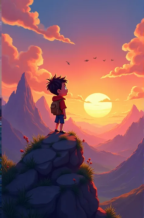 A boy with spiky hair watching the sunset from the top of a mountain in cartoon style