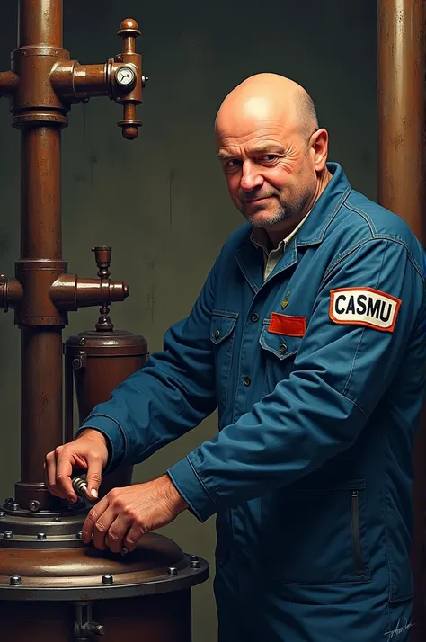 "Create an illustration of a bald man working as a stoker in a steam engine room. He is wearing a jumpsuit with the word &#39;CASMU&#39; on it.