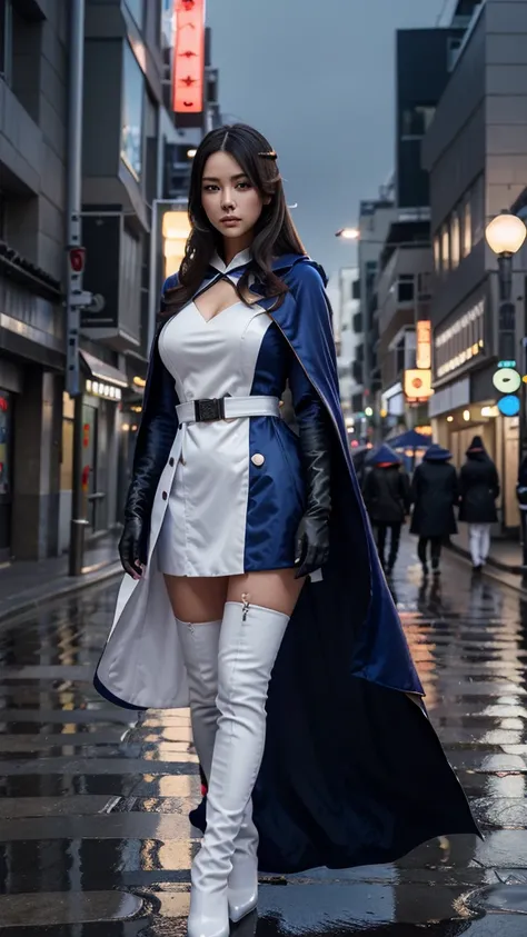 South korea  walk women mystery hooded on with modern royal Blue coat with long and wide sleeves with buttons and royal Blue cape and very high white heel over the knee and white gloves, As she reveals a small secret hidden blade coming from his palm , add...