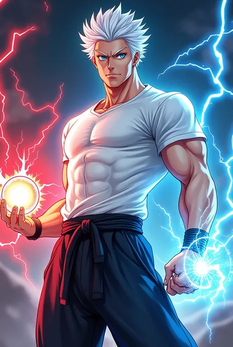 body white skin, 80 kg muscular body, and white gojo satoru short hair, blue eyes, white T-shirt ,black leg karate suit ,shoot red lightning sphere from right hand,blue light sphere from left hand anime style