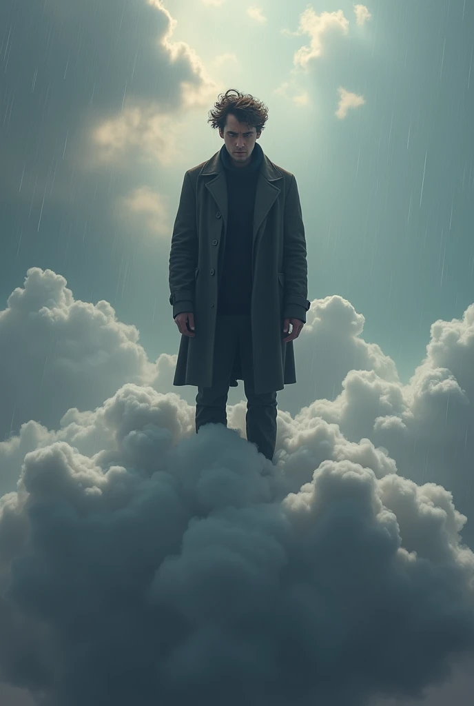 Sad man above a gray cloud 