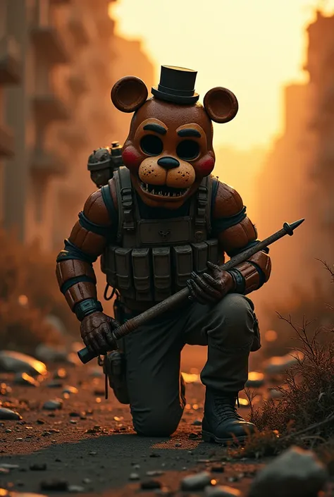 A post-apocalyptic soldier who uses half of the destroyed and shredded animatronic Freddy mask from Five Nights at Freddys as camouflage. 