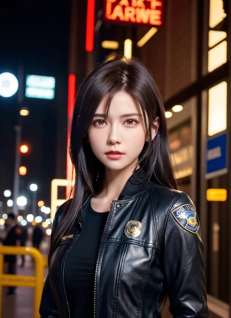 Portrait of Nuttorp as a beautiful female model, Georgia Fowler, Beautiful face, with short dark brown hair, in cyberpunk city at night. She is wearing a leather jacket, Black jeans, Dramatic Lighting, (police badge:1.2)