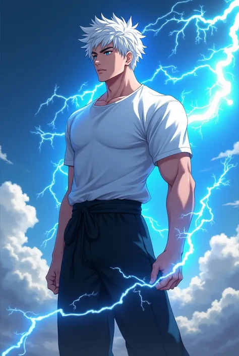 gojo body white skin, 80 kg muscular body, and white short hair, blue eyes, white T-shirt ,black leg karate suit ,shoot pure red lightning sphere from right hand,pure blue sphere from left hand anime style