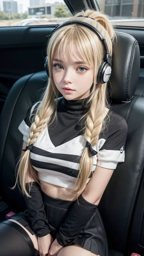 Cute schoolgirl Livlas sits in the back seat of a car and looks out the window, clap, blonde hair,tape, Ponytail, parted lips, headphones, anime style, black mitts, legs in the lotus position ,Striped leggings Realistic anatomy, 