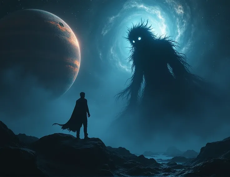 Image: The creature returns to its original form, a shadowy figure with glowing eyes. Around Artur, the planets begin to dissolve, revealing a dark background.