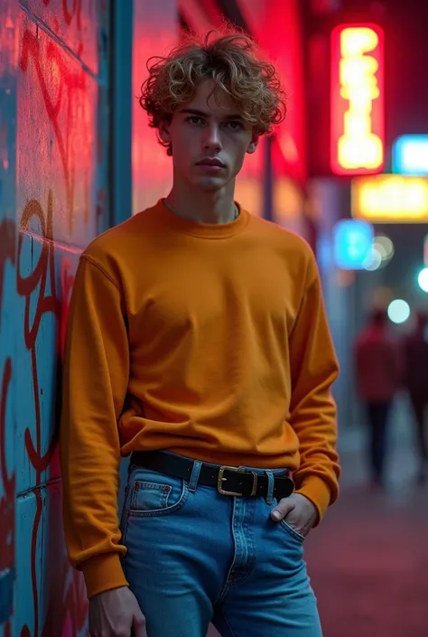 make an photography of a pretty white boy around 19 or 20 years old with dark blonde curly hair, pretty grey indigo eyes, body typically greek like Renaissance statues and dressing a 80s cult outfit, including a black belt, sueter and jeans pants. 