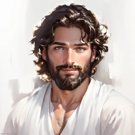 painting of a man with a beard and a mustache on a completely white background, portrait of Jesus Christ, Jesus Christ, Greg Olsen, rosto de Jesus, Jesus of Nazareth, airbrushed digital oil painting, Jesus, Beautiful digital painting, The face of God, Beau...