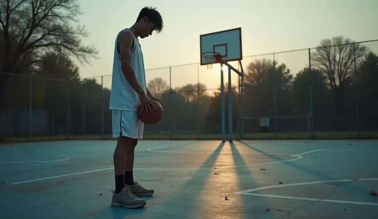 sad asian man, after losing a basketball game.