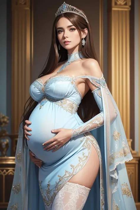 8k, masterpiece, very realistic, full body (sexy pregnant queen 1.2), very slim waist, slim thighs, elaborate detailed light blu...