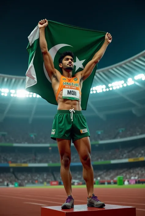 Script: A Champions Journey
[SCENE START]
[SCENE START]
INT. SPORTS COMMENTARY BOX - NIGHT
SOUND of excited crowd, cheers
COMMENTATOR 1: (Excitedly) And its a new Olympic record! Can you believe it? Arshad Nadeem from Pakistan has just thrown the javelin a...