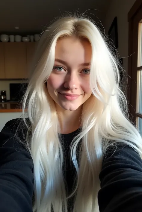 here is a photo of a beautiful young woman ( 20-21 years old), long white hair, pale skin, baby blue eyes, red gloss lips and she wears a black fleece sweatshirt, Scenario: Room,  selfie with a cute expression, thin small upturned nose