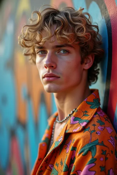 make an photography of a pretty white boy around 19 or 20 years old with dark blonde curly hair, pretty grey indigo eyes, roman face, body typically greek like Renaissance statues and dressing a 80s cult outfit.