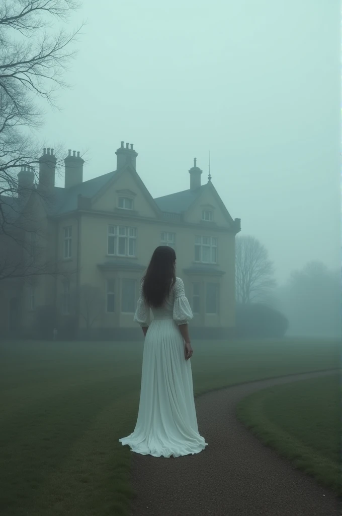 The grey sky, a cold and grey day, with a mansion in the background, English style, and a woman in white far in the distance, amidst the fog.