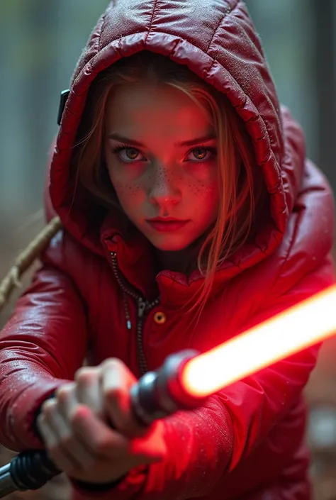  a slim ponytail 16 year old red-eyed sith wielding her bright lightsaber battling her slim lightsaber-wielding jedi nemesis,beautiful detailed eyes,beautiful freckles,beautiful detailed lips,extremely detailed eyes and face,longeyelashes, wearing beautifu...