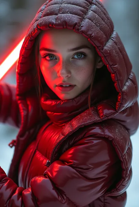  a slim ponytail 16 year old red-eyed sith wielding her bright lightsaber battling her slim lightsaber-wielding jedi nemesis,beautiful detailed eyes,beautiful freckles,beautiful detailed lips,extremely detailed eyes and face,longeyelashes, wearing beautifu...