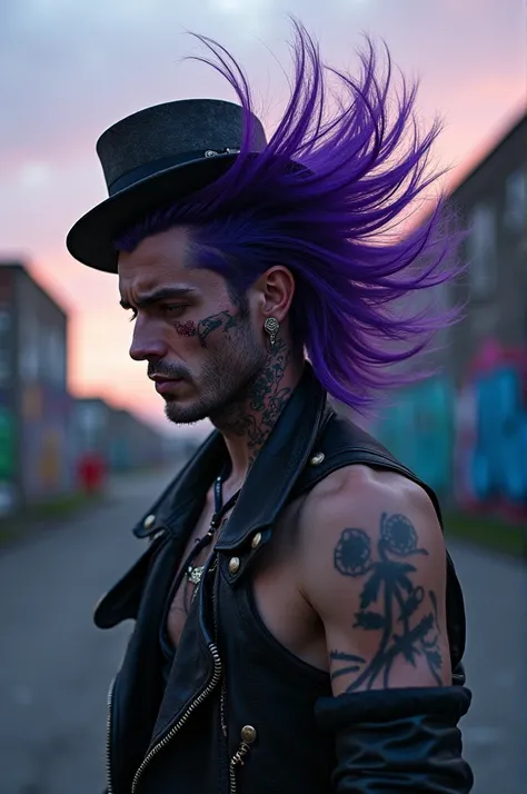 Purple-haired man with an extravagant haircut, bandages covering part of his face and an old hat 