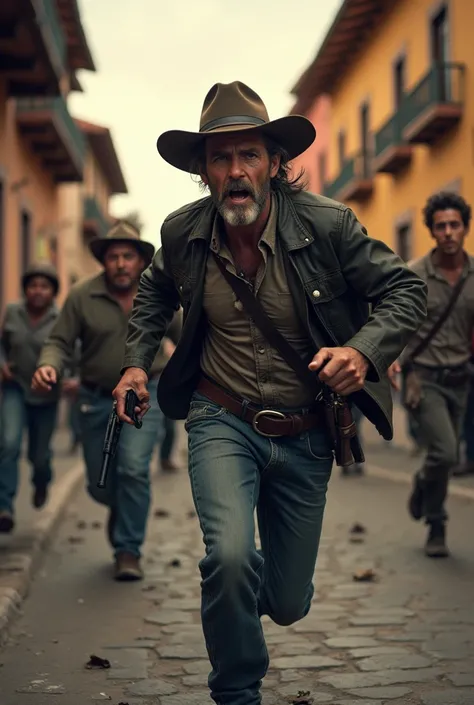  The Walking dead :Rick Grimes  (ANDREW LINCOLN)  Y CARL GRIMES (14 year old boy, WITH A BANDAGE ON HIS RIGHT EYE AND A SHERIFFS HAT )  RUNNING AND GUNNING IN A HORDE OF ZOMBIES, ALL THIS HAPPENING IN CUZCO