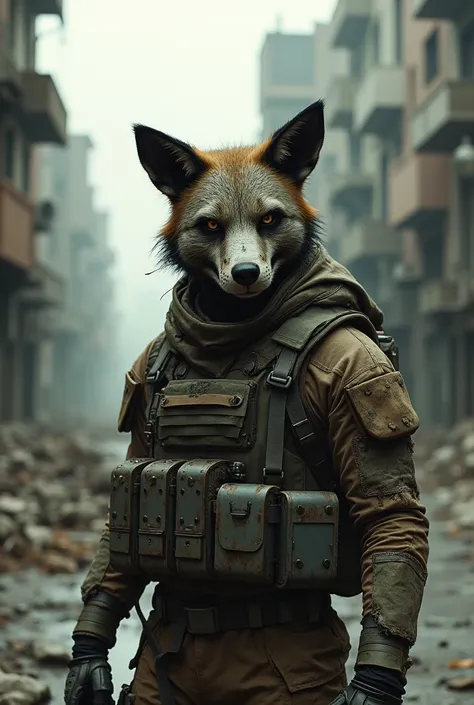 A post-apocalyptic soldier using parts of the destroyed and shattered animatronic Foxys husk from Five Nights at Freddys 2 as camouflage. (just the mask)