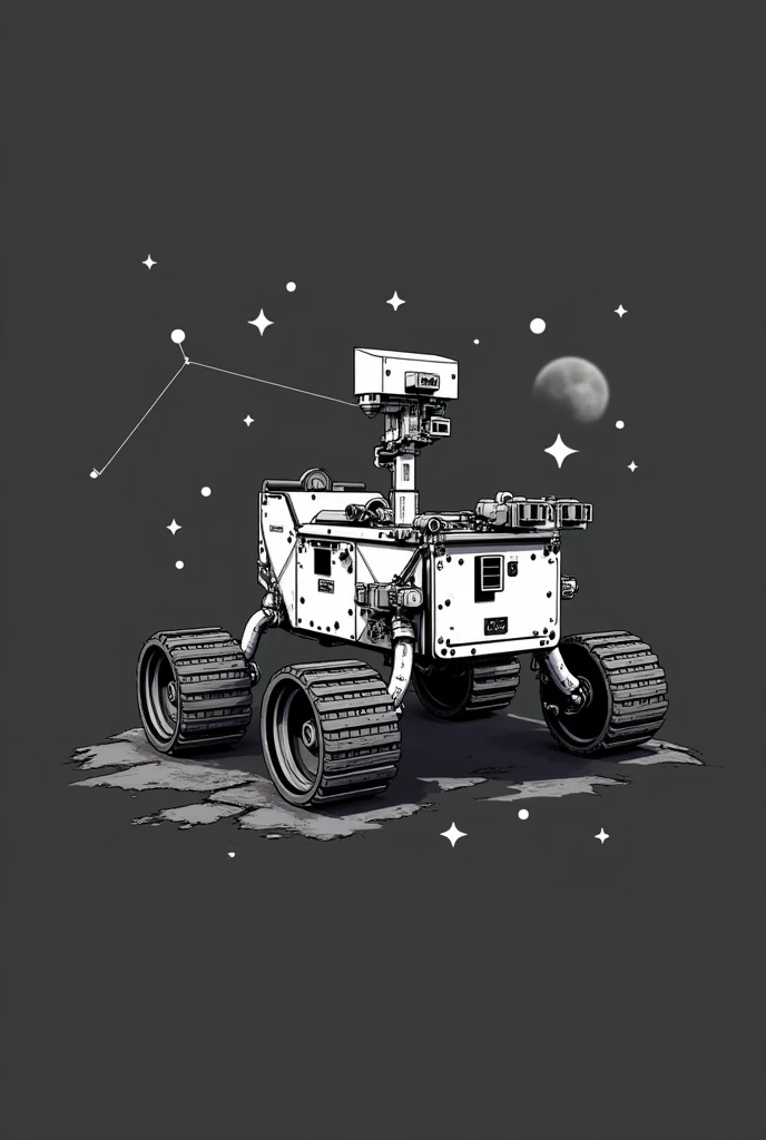 Creame un logo perfil blanco y negro de un robot rover curiosity con la frase " Internet of Things " 