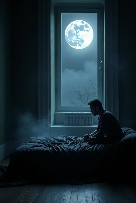 Bed with moon in window dark man