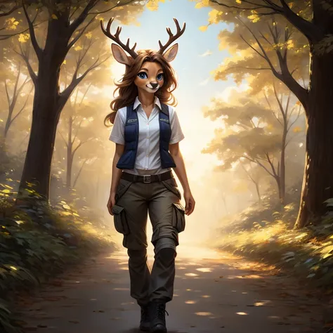 Masterpiece, vest quality, high quality, 1Female anthro deer doe, Solo, Beautiful and detailed portrait, very young, teenage, has small hips and a skinny body, has clear navy blue eyes, has small legs and hips, has small pelvis, Slim waist, has Long Brown ...