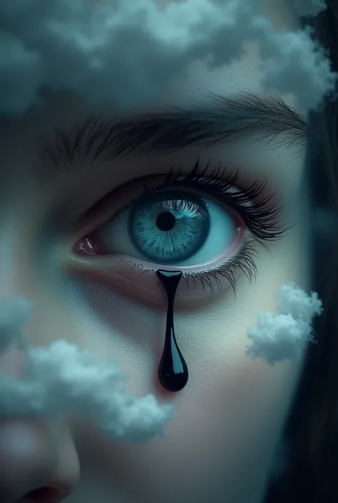 sad eye with strength with a black tear between the grey clouds 