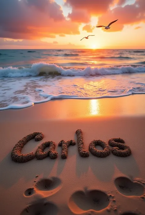 Make a picture where the name Carlos is written., written in the sand on the beach