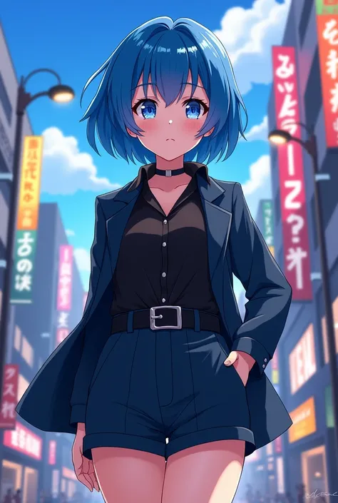 a woman with short blue hair and dark blue eyes wearing a black shirt tucked into belted shorts and a jacket, Kantai Collection Style, female protagonist 👀 :8, 2 d animated style, high quality anime art style, Moe anime art style, Ayaka Genshin Impact, sty...