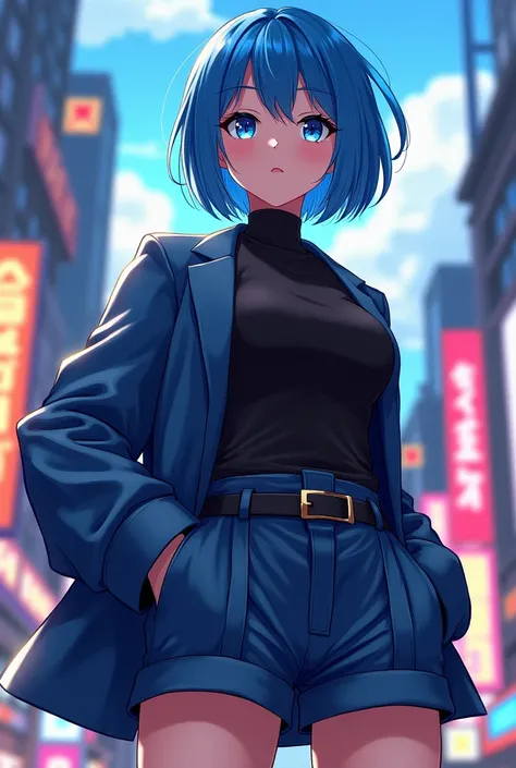 a woman with short blue hair and dark blue eyes wearing a black shirt tucked into belted shorts and a jacket, Kantai Collection Style, female protagonist 👀 :8, 2 d animated style, high quality anime art style, Moe anime art style, Ayaka Genshin Impact, sty...