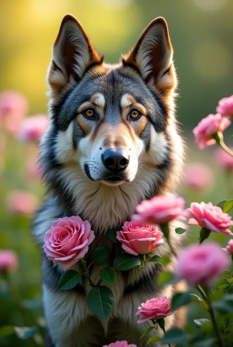 realistic Saarlos Wolfdog with roses