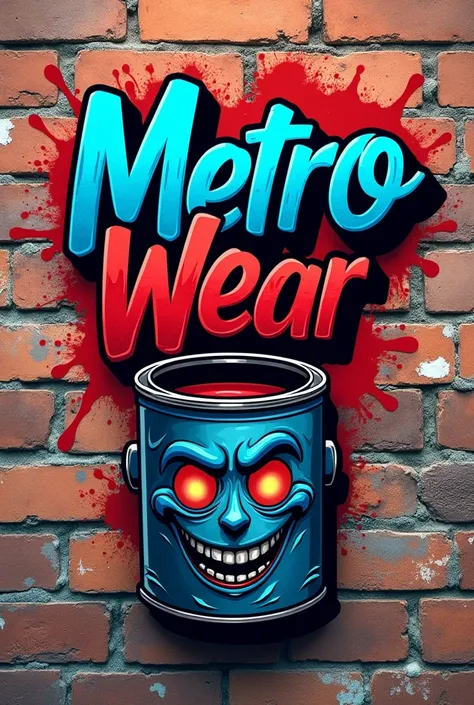 a logo written metro wear graffiti style, with a can of graphite with a brave face underneath, the metro in blue and the wear in red with a brick background 