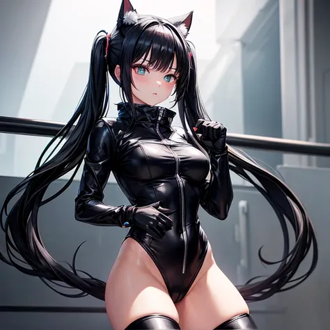 she is wearing black clothes,  High Cut Bodysuit.A woman doing professional wrestling　It has cat ears and a tail...　Twin tails　Open Finger Gloves　Fighting in the ring