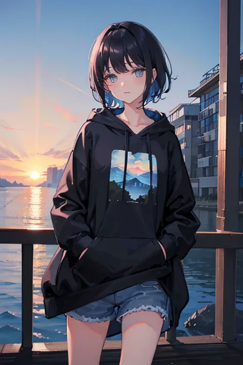 black short hair, blue eyes,beautiful, sunrise, Black Hair,Blue hoodie, Landscape Background