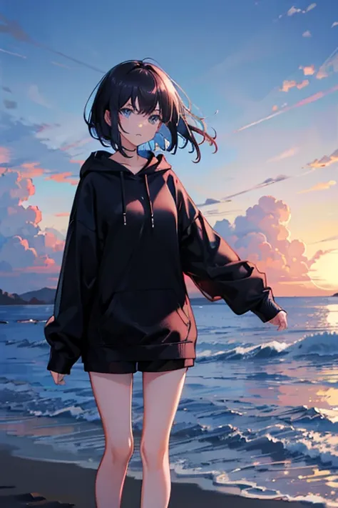 black short hair, blue eyes,beautiful, sunrise, Black Hair,Blue hoodie, Landscape Background