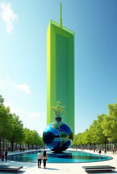 Generate a 114-story building as a thin vertical rectangle ,lime green and cyan glass with a plaza where there are people on the benches and visiting the building and a circular fountain that protrudes 40cm that has no edge for the water to fall and a glob...