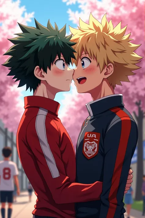 Screenshot of my hero academia.
a black haired boy, skin white as snow and red lips with the UA uniform kissing Bakugou Katsuki 