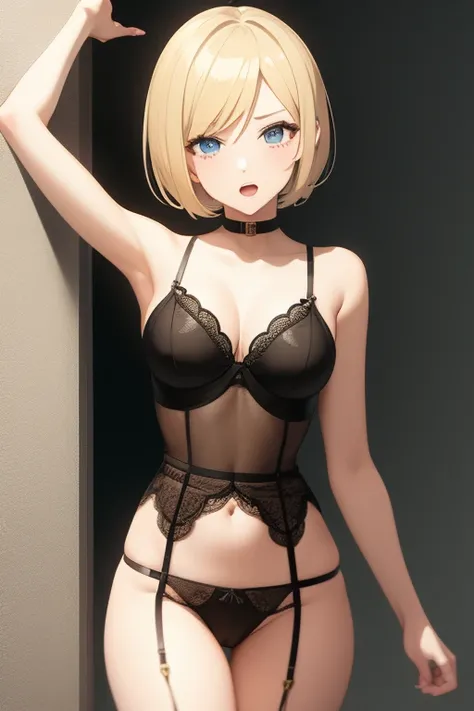 1 girl, short hair, open mouth, blond hair,in lingerie, anime style