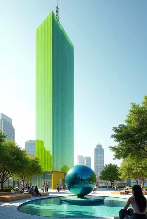 Generate a 114-story building as a thin vertical rectangle ,Made of lime green and cyan glass with a square where there are people on benches and visiting the building and a circular fountain that protrudes 45cm that has no edge so that the water falls and...