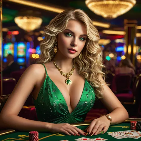 realistic portrait of a beautiful woman with flawless features, blonde wavy hair, low-cut green dress, green eyes sparkling, surrounded by playing cards, dice, golden coin, casino environment, precise lighting and shadows, highly detailed, NAGABAJI logo to...