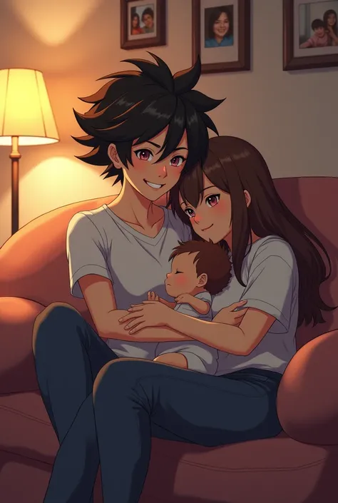 An anime dominant tomboy girl is sitting on the sofa and on that tomboy lap a girl in her 20s sitting on her lap and The girl sitting on the lap holding a baby
