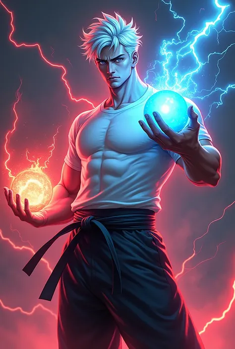 gojo body white skin, 80 kg muscular body, and white short hair, blue eyes, white T-shirt ,black leg karate suit ,shoot dark red lightning sphere from right hand,dark blue sphere from left hand anime style