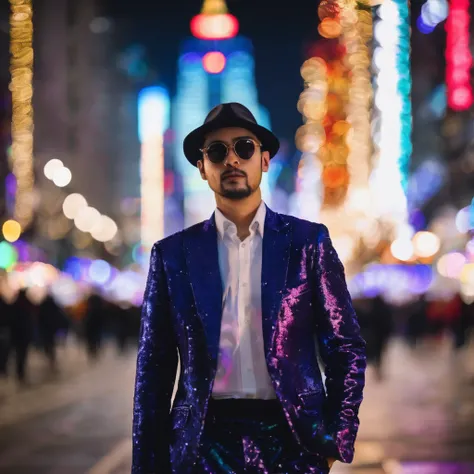 A man wear a party clothes to new year in the city blur in background 